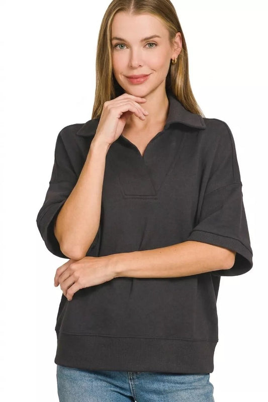 Zenana Scuba Collared Short Sleeve Pullover - Bitsy Gypsy Boutique