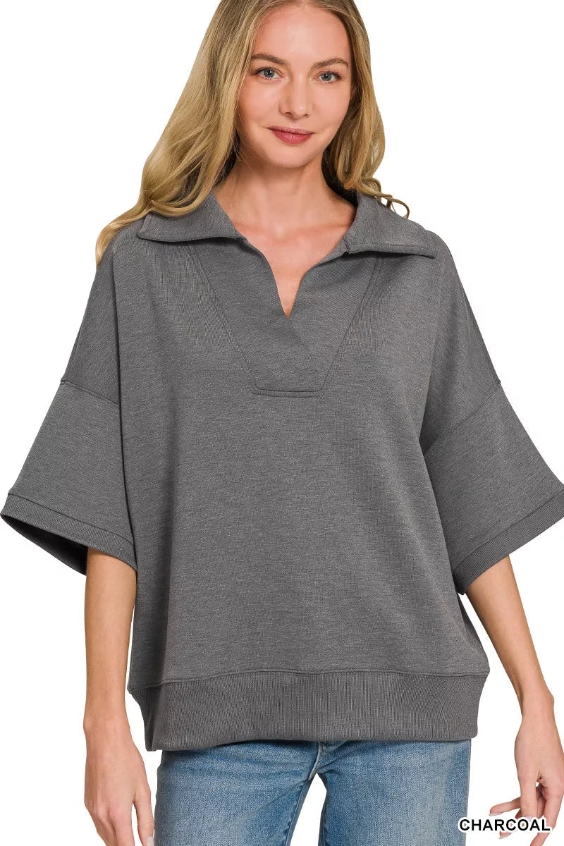 Zenana Scuba Collared Short Sleeve Pullover - Bitsy Gypsy Boutique