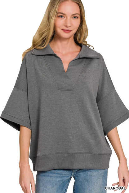 Zenana Scuba Collared Short Sleeve Pullover - Bitsy Gypsy Boutique
