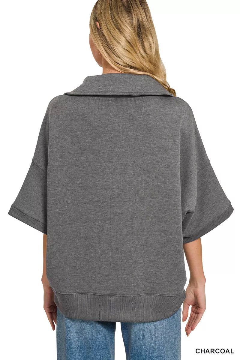 Zenana Scuba Collared Short Sleeve Pullover - Bitsy Gypsy Boutique