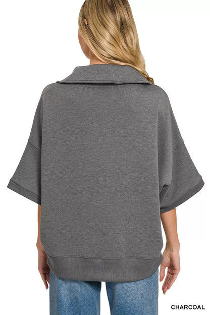 Zenana Scuba Collared Short Sleeve Pullover - Bitsy Gypsy Boutique