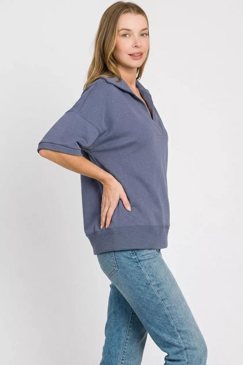 Zenana Scuba Collared Short Sleeve Pullover - Bitsy Gypsy Boutique
