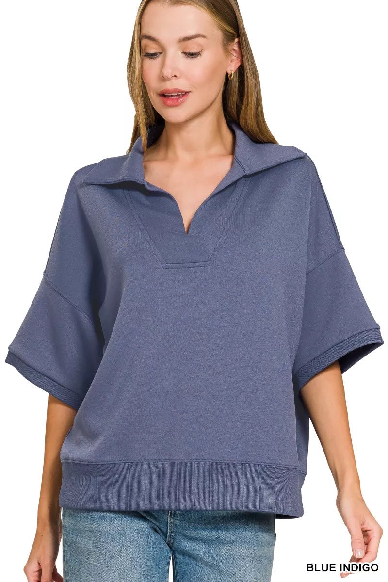 Zenana Scuba Collared Short Sleeve Pullover - Bitsy Gypsy Boutique