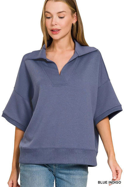 Zenana Scuba Collared Short Sleeve Pullover - Bitsy Gypsy Boutique