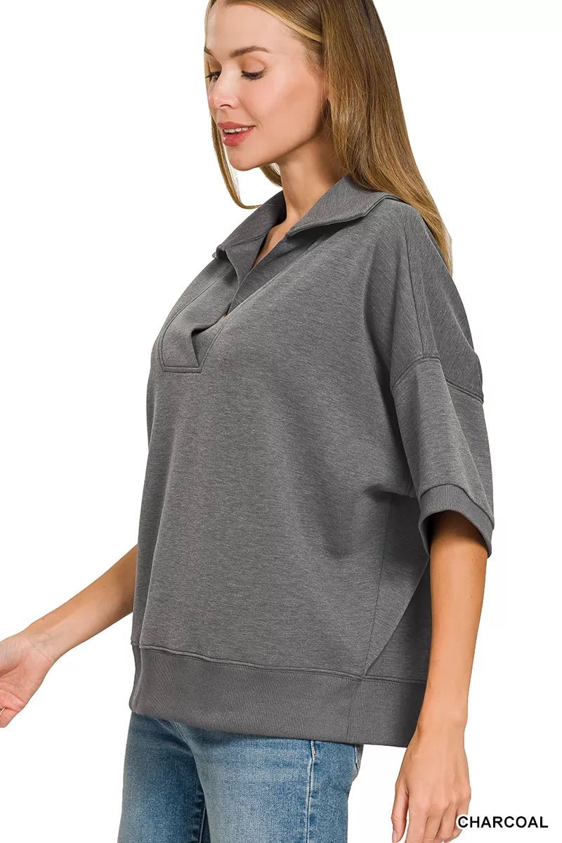 Zenana Scuba Collared Short Sleeve Pullover & Center Seam Pants Set - Bitsy Gypsy Boutique