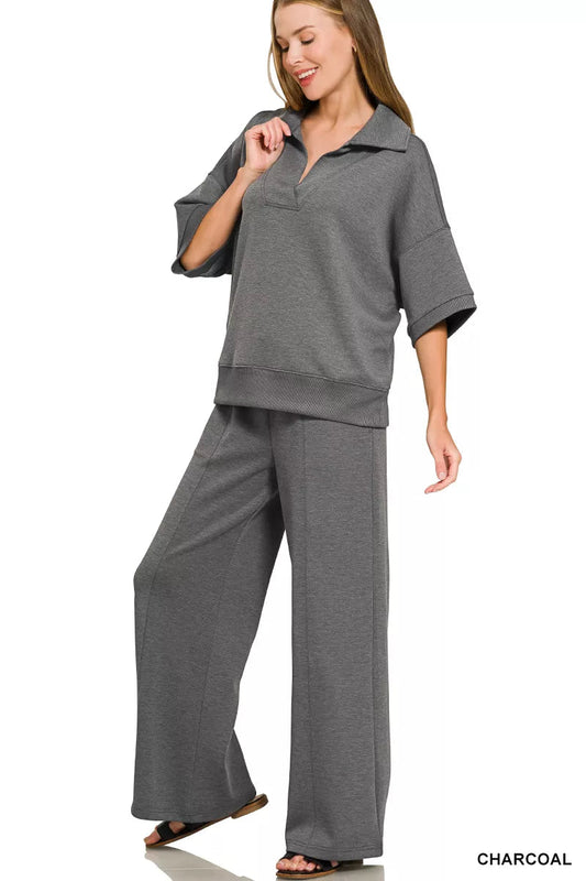 Zenana Scuba Collared Short Sleeve Pullover & Center Seam Pants Set - Bitsy Gypsy Boutique