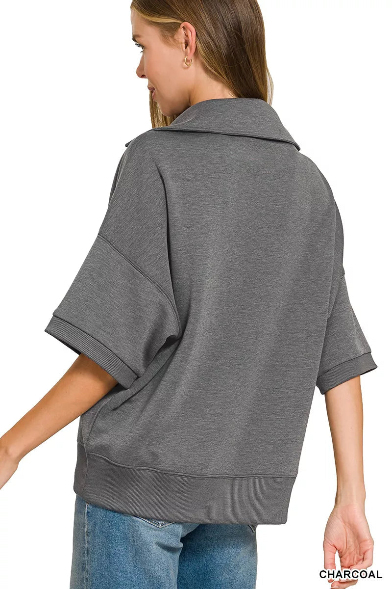 Zenana Scuba Collared Short Sleeve Pullover & Center Seam Pants Set - Bitsy Gypsy Boutique