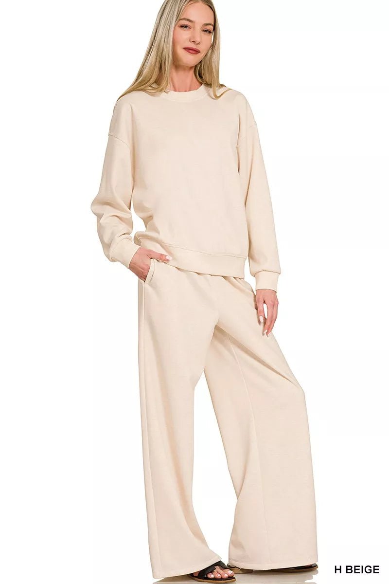 Zenana Scuba Crewneck Pullover and Pants Set - Bitsy Gypsy Boutique