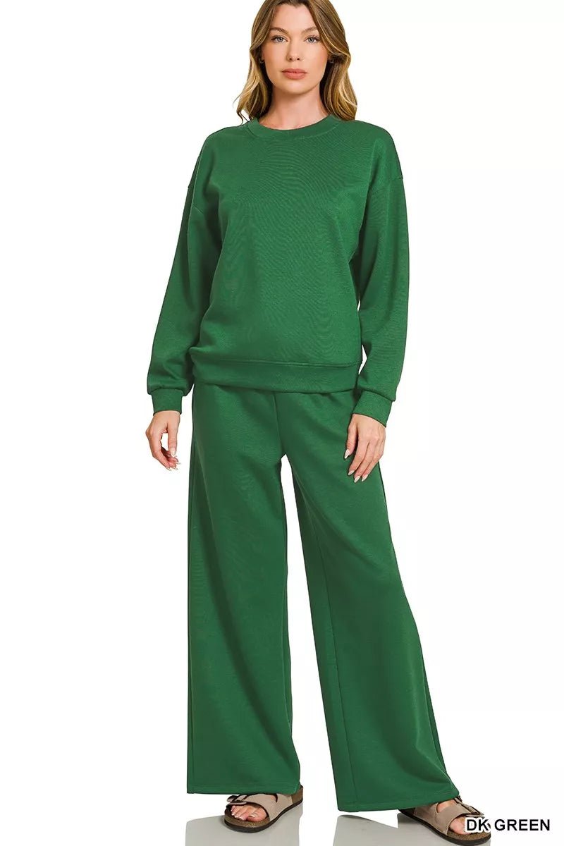 Zenana Scuba Crewneck Pullover and Pants Set - Bitsy Gypsy Boutique