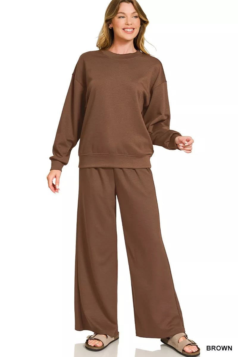 Zenana Scuba Crewneck Pullover and Pants Set - Bitsy Gypsy Boutique