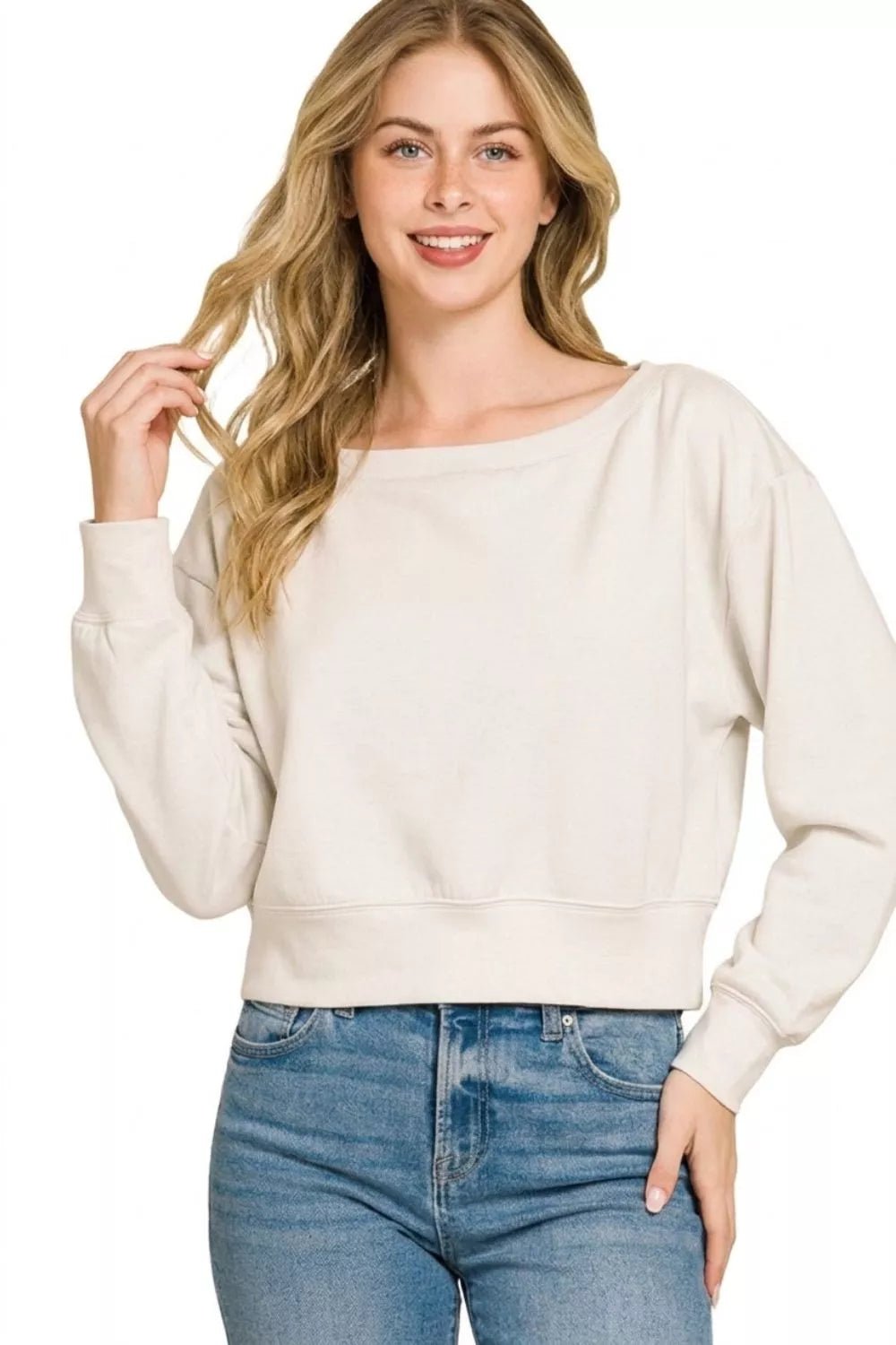 Zenana Scuba Cropped Boat Neck Pullover Sweatshirts - Bitsy Gypsy Boutique