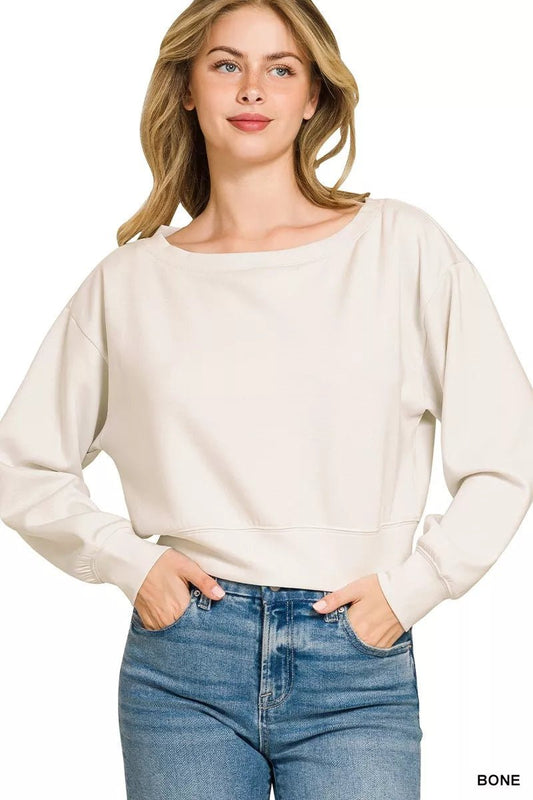 Zenana Scuba Cropped Boat Neck Pullover Sweatshirts - Bitsy Gypsy Boutique