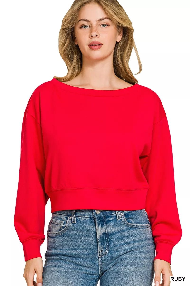 Zenana Scuba Cropped Boat Neck Pullover Sweatshirts - Bitsy Gypsy Boutique