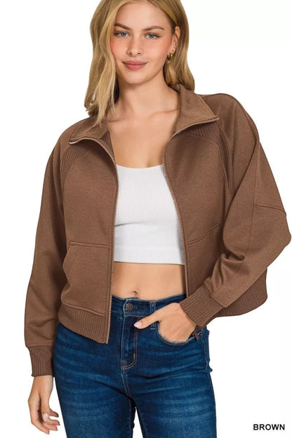 Zenana Scuba Full Zip Cropped Jacket with Pockets - Bitsy Gypsy Boutique