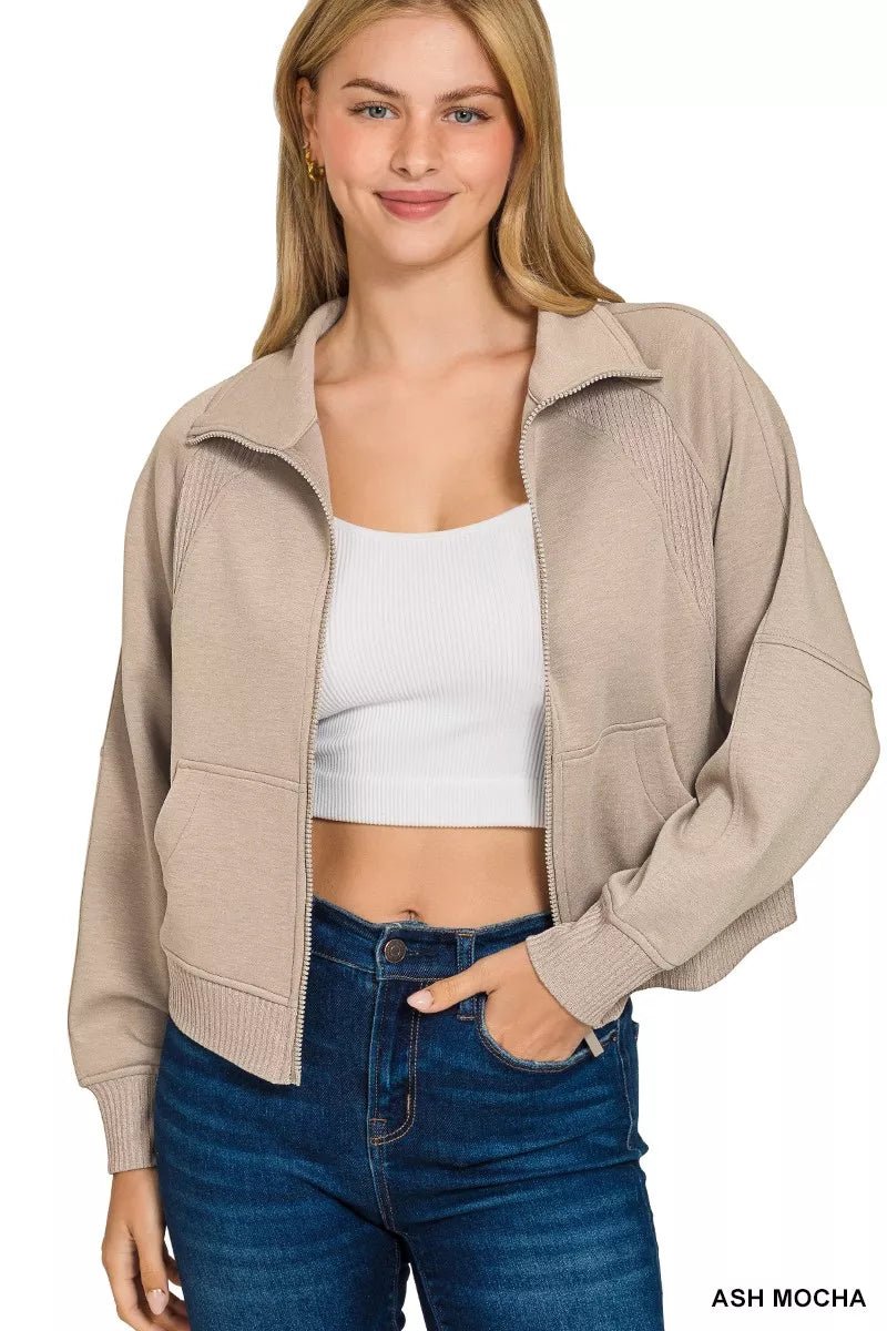 Zenana Scuba Full Zip Cropped Jacket with Pockets - Bitsy Gypsy Boutique