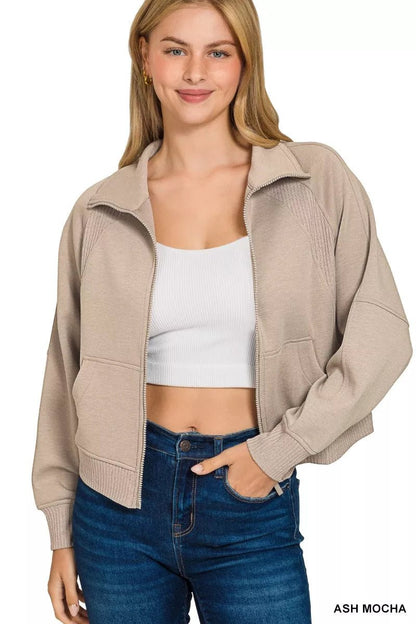 Zenana Scuba Full Zip Cropped Jacket with Pockets - Bitsy Gypsy Boutique