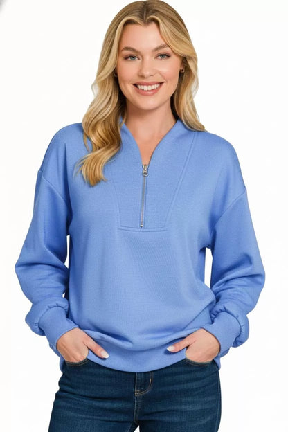 Zenana Scuba Half Zip Drop Shoulder Sweatshirt - Bitsy Gypsy Boutique