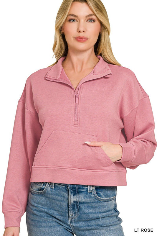 Zenana Scuba Half Zip Pullover With Kangaroo Pockets - Bitsy Gypsy Boutique