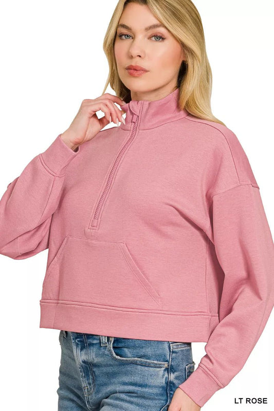 Zenana Scuba Half Zip Pullover With Kangaroo Pockets - Bitsy Gypsy Boutique