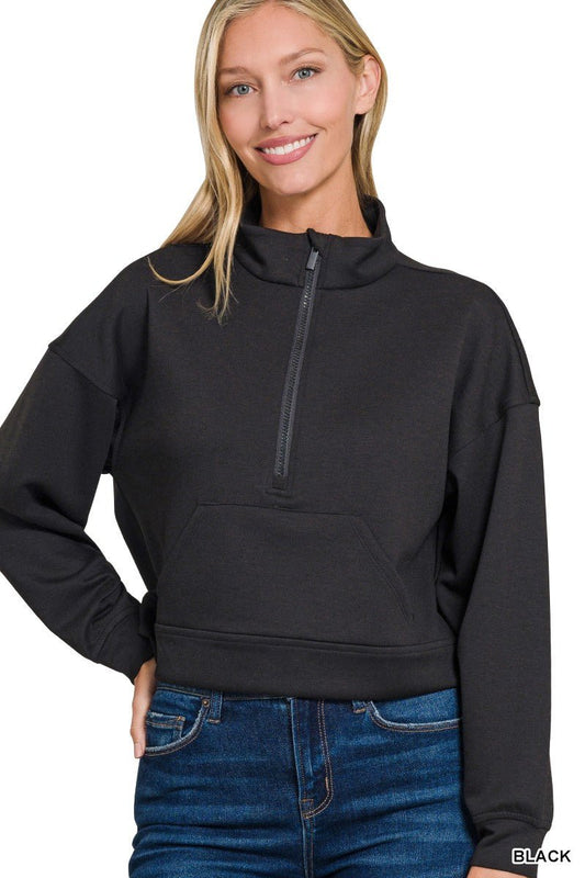 Zenana Scuba Half Zip Pullover With Kangaroo Pockets - Bitsy Gypsy Boutique