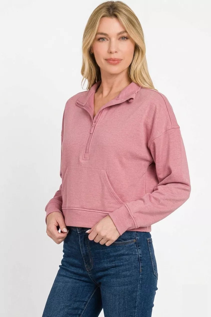 Zenana Scuba Half Zip Pullover With Kangaroo Pockets - Bitsy Gypsy Boutique