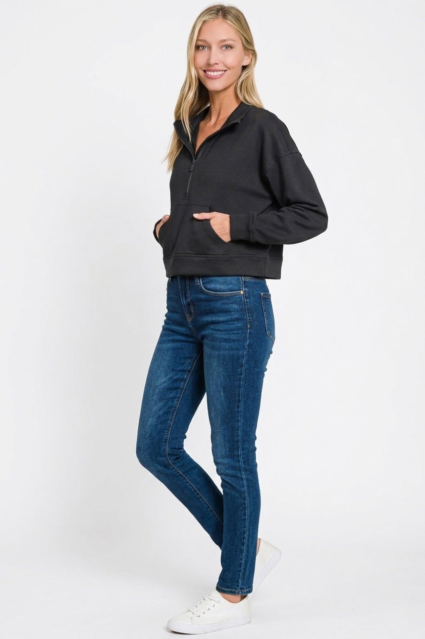 Zenana Scuba Half Zip Pullover With Kangaroo Pockets - Bitsy Gypsy Boutique