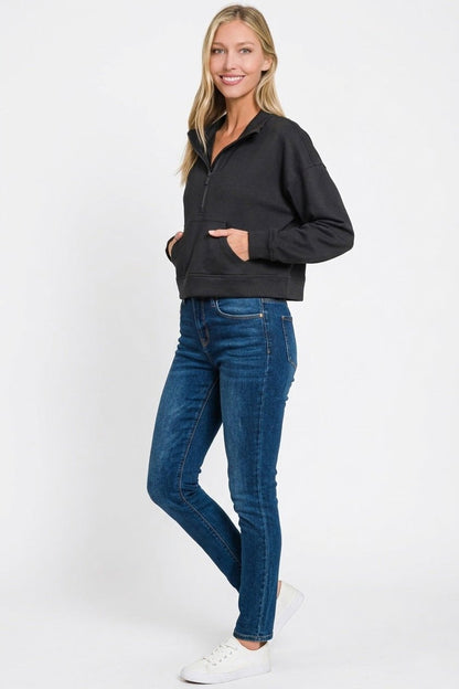 Zenana Scuba Half Zip Pullover With Kangaroo Pockets - Bitsy Gypsy Boutique