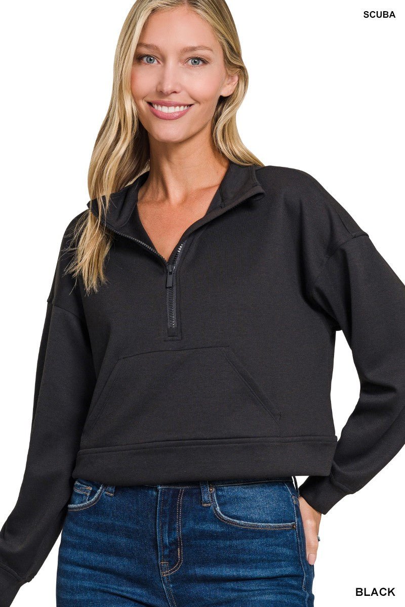 Zenana Scuba Half Zip Pullover With Kangaroo Pockets - Bitsy Gypsy Boutique