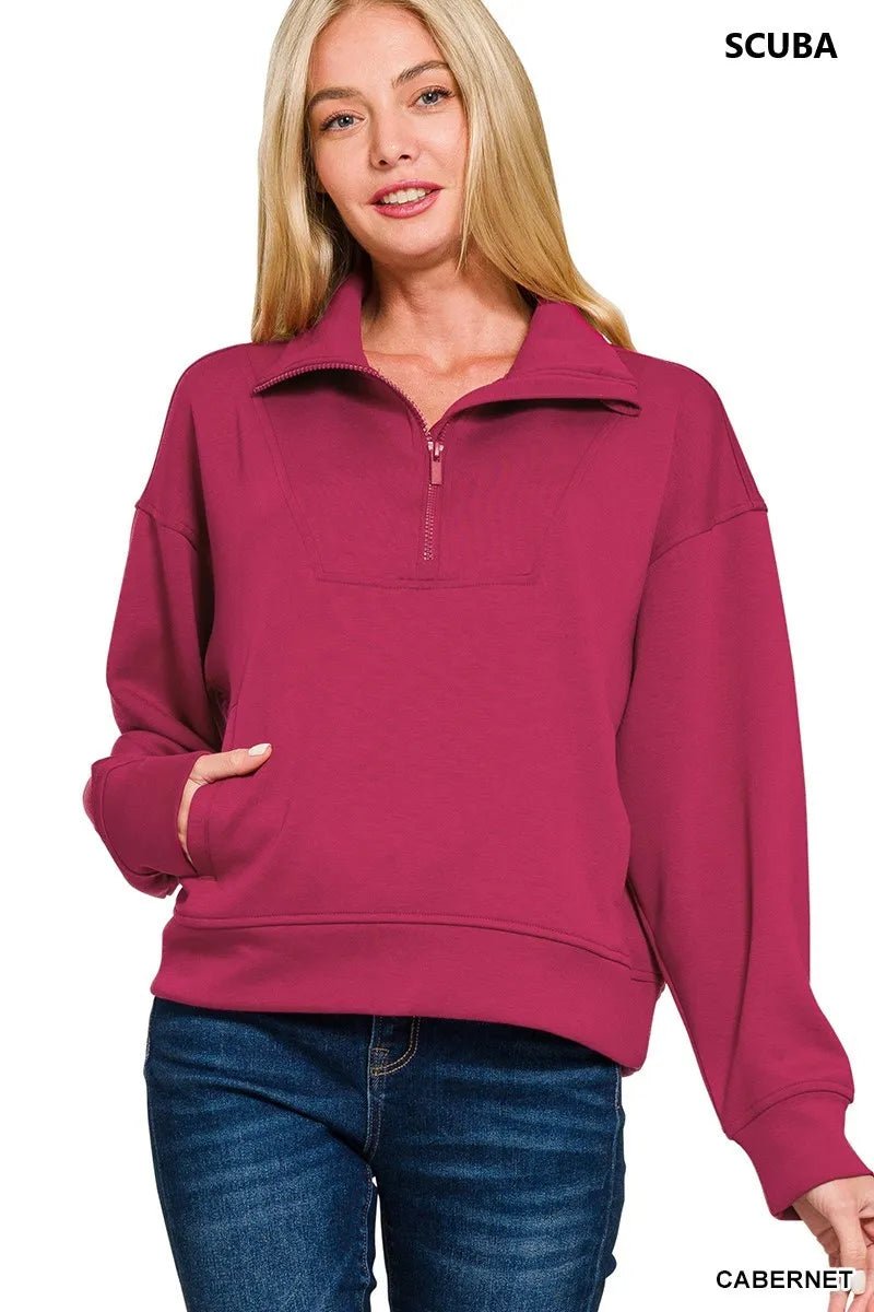 Zenana Scuba Half Zip Sweatshirt with Pockets - Bitsy Gypsy Boutique
