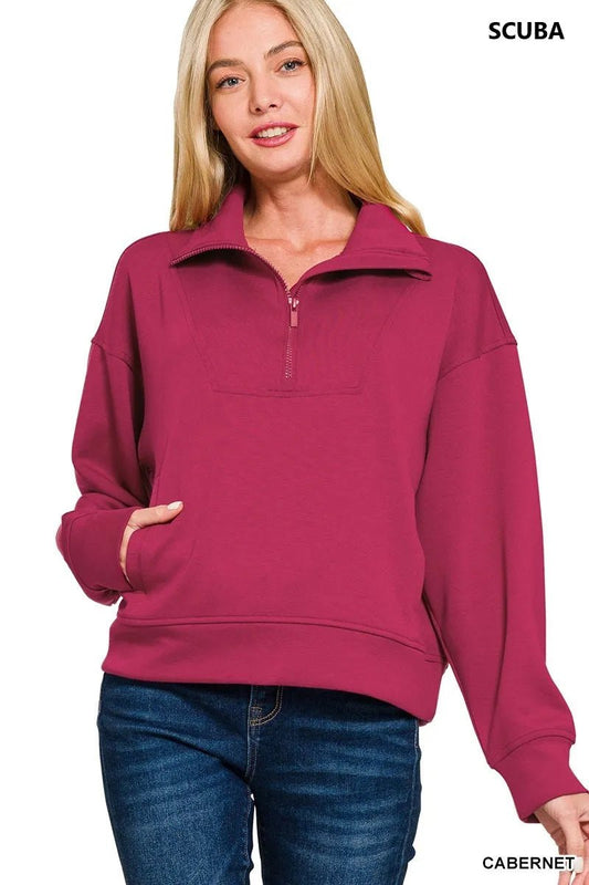 Zenana Scuba Half Zip Sweatshirt with Pockets - Bitsy Gypsy Boutique