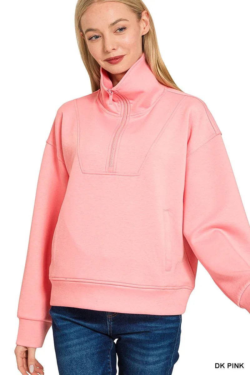 Zenana Scuba Half Zip Sweatshirt with Pockets - Bitsy Gypsy Boutique
