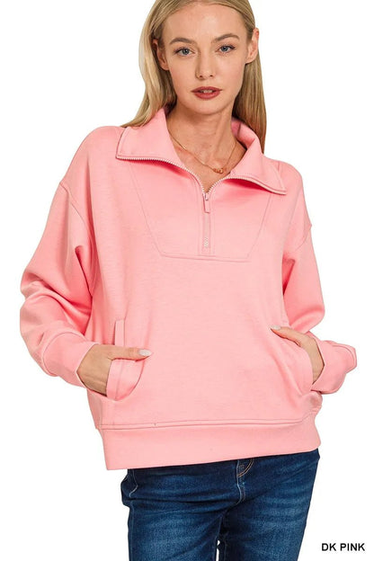 Zenana Scuba Half Zip Sweatshirt with Pockets - Bitsy Gypsy Boutique