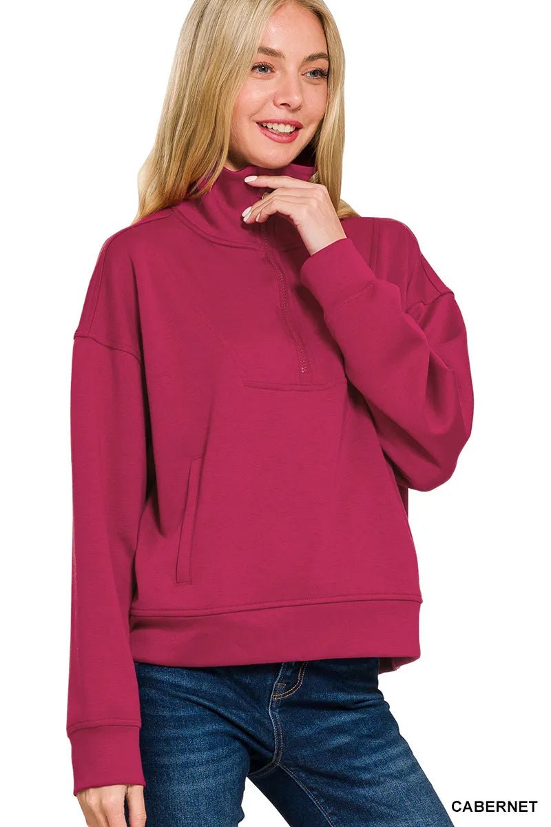 Zenana Scuba Half Zip Sweatshirt with Pockets - Bitsy Gypsy Boutique