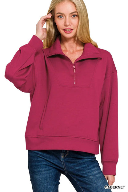 Zenana Scuba Half Zip Sweatshirt with Pockets - Bitsy Gypsy Boutique