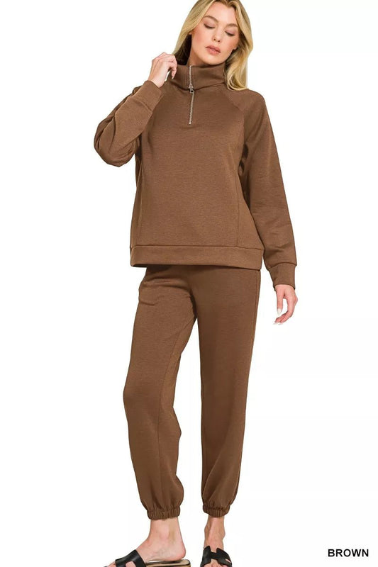 Zenana Scuba Half Zip Sweatshirts and Joggers Set - Bitsy Gypsy Boutique
