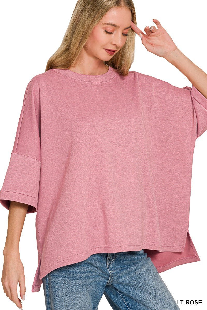 Zenana Scuba Round Neck Top With Side Slits - Bitsy Gypsy Boutique