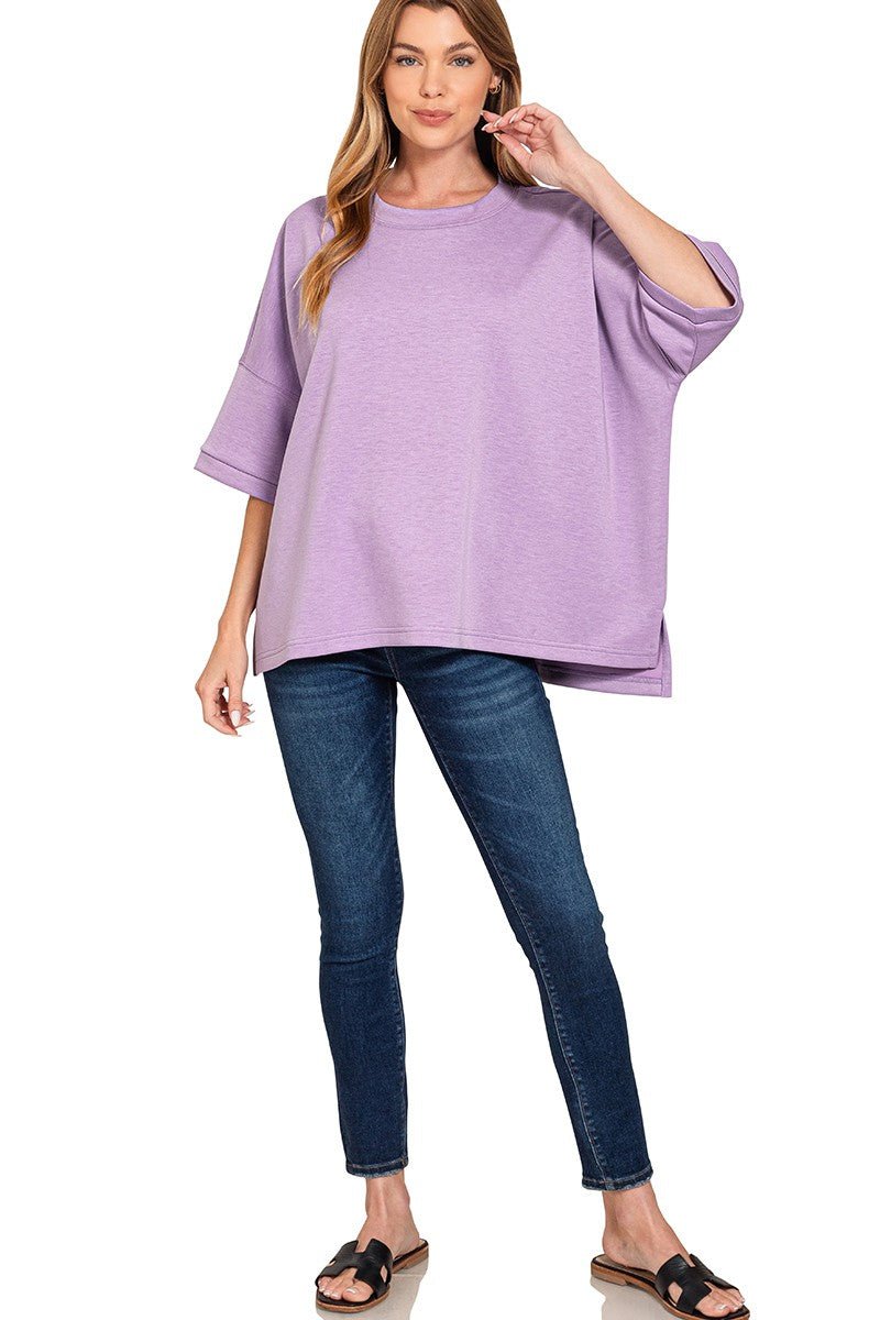 Zenana Scuba Round Neck Top With Side Slits - Bitsy Gypsy Boutique