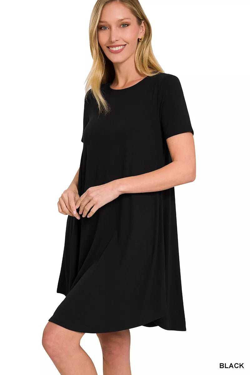 Zenana Short Sleeve Round Hem A - Line Dress with Side Pockets - Bitsy Gypsy Boutique