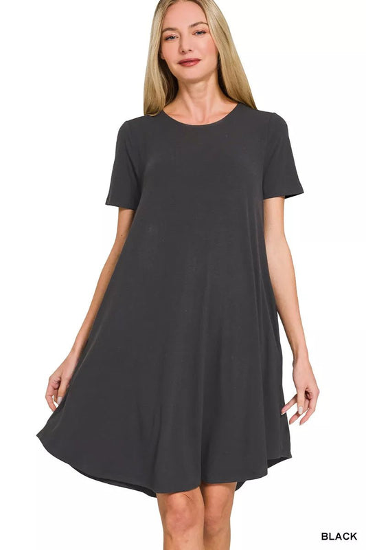 Zenana Short Sleeve Round Hem A - line Dress with Side Pockets - Bitsy Gypsy Boutique