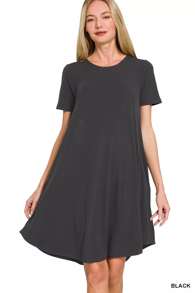 Zenana Short Sleeve Round Hem A - Line Dress with Side Pockets - Bitsy Gypsy Boutique