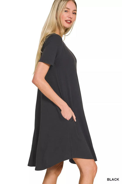 Zenana Short Sleeve Round Hem A - Line Dress with Side Pockets - Bitsy Gypsy Boutique