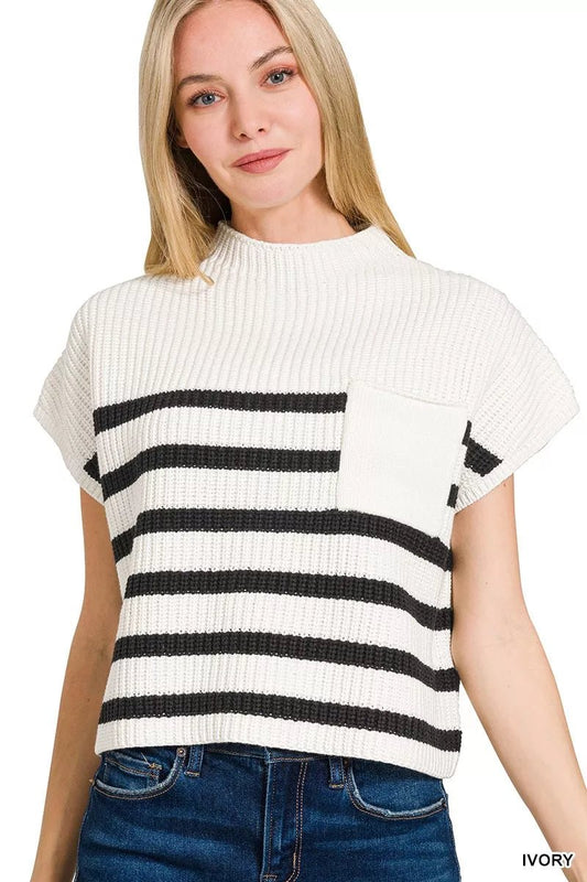 Zenana Short Sleeve Stripe Sweater - Bitsy Gypsy Boutique