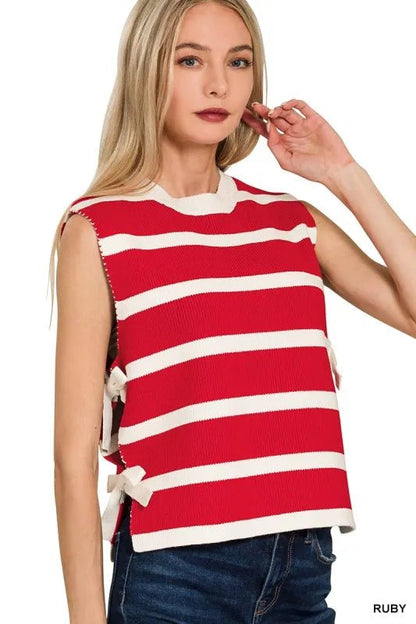 Zenana Side Tie Stripe Sweater Vest - Bitsy Gypsy Boutique