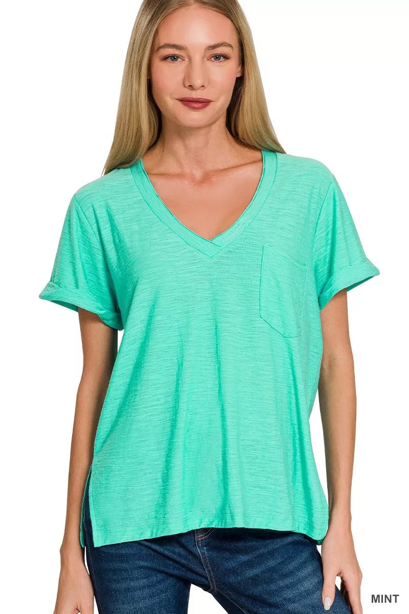 Zenana Slub Rolled Short Sleeve V - Neck Tee - Bitsy Gypsy Boutique