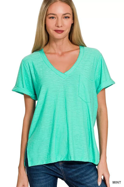Zenana Slub Rolled Short Sleeve V - Neck Tee - Bitsy Gypsy Boutique