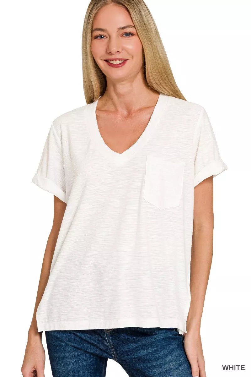 Zenana Slub Rolled Short Sleeve V - Neck Tee - Bitsy Gypsy Boutique