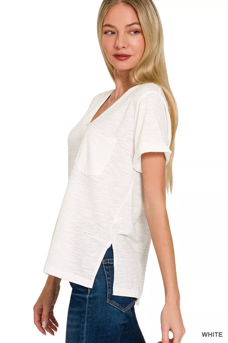 Zenana Slub Rolled Short Sleeve V - Neck Tee - Bitsy Gypsy Boutique