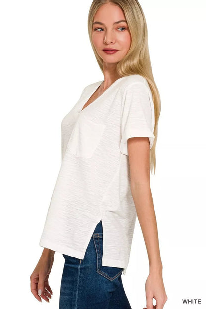 Zenana Slub Rolled Short Sleeve V - Neck Tee - Bitsy Gypsy Boutique