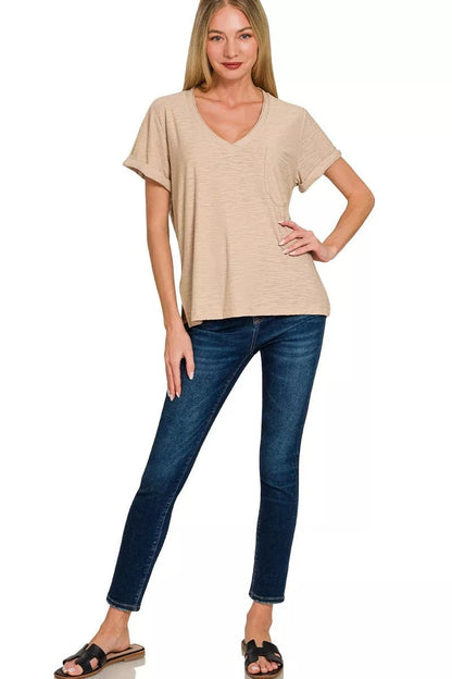 Zenana Slub Rolled Short Sleeve V - Neck Tee - Bitsy Gypsy Boutique