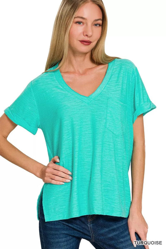 Zenana Slub Rolled Short Sleeve V - Neck Tee - Bitsy Gypsy Boutique